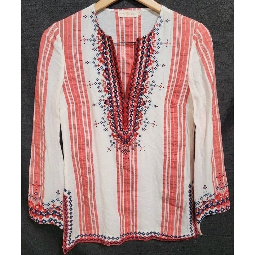 TORY BURCH Embroidered Striped Cotton Long Sleeve Tunic Top Sz 2 Bohemian NEW
